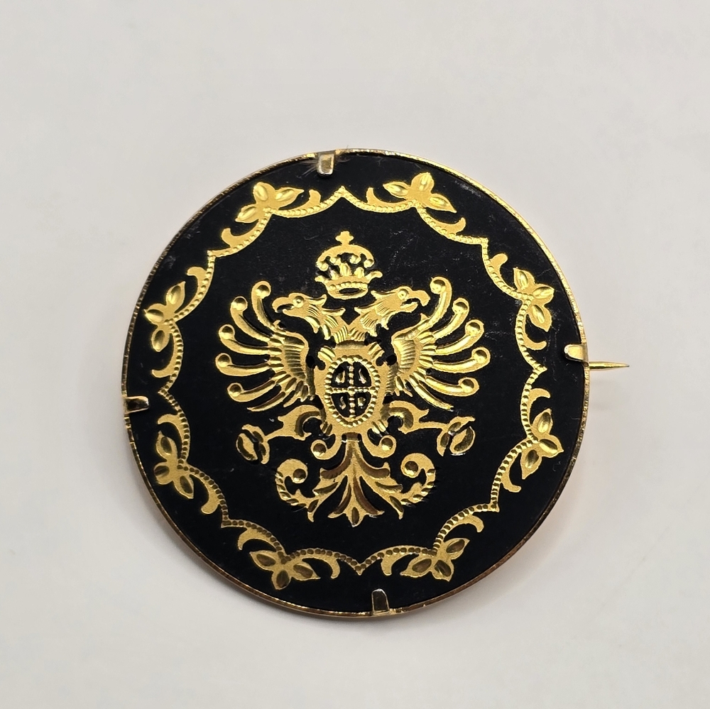 Damascene Toledoware Crested Double Headed Eagle Motif Brooch